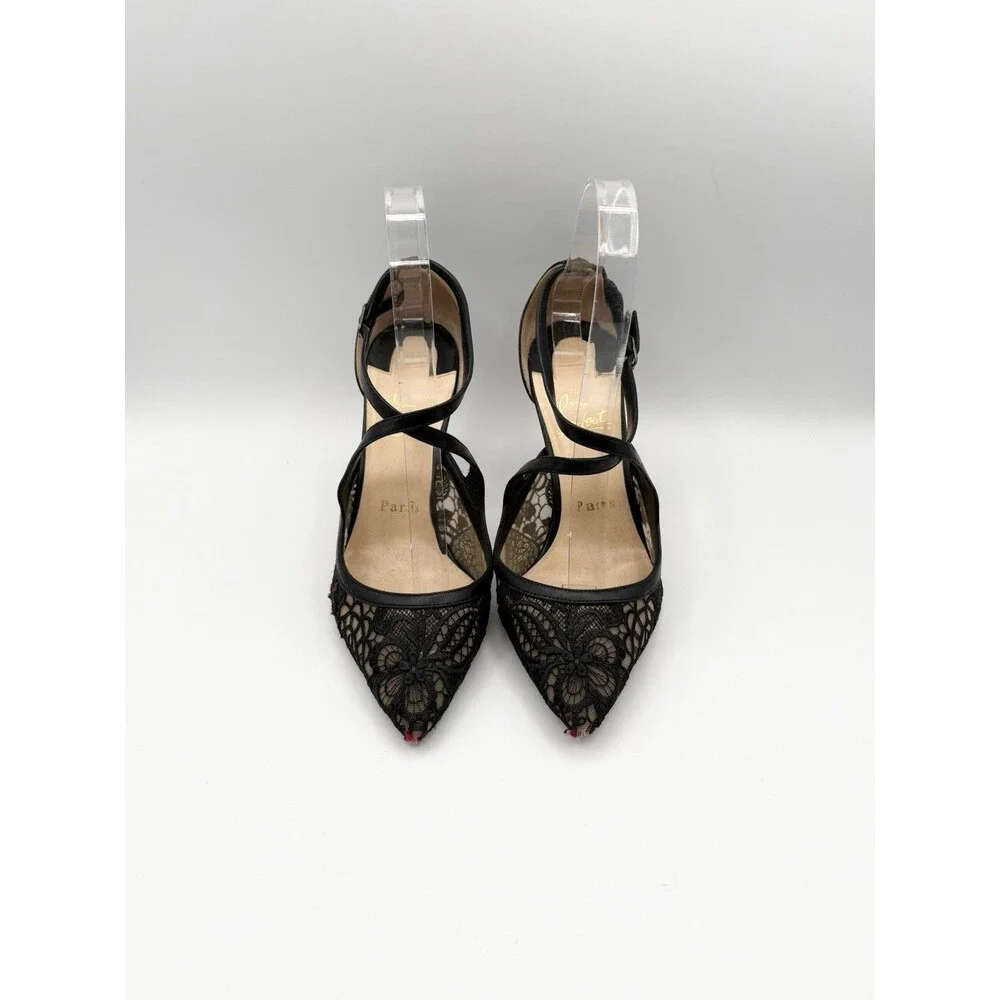 Christian Louboutin Black Leather & Lace Twistissima Pointed Heels Size EU 37.5